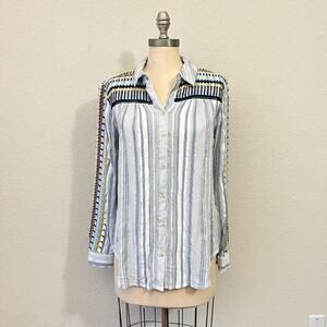PILCRO ANTHROPOLOGIE The Cate Embroidered Shirt Striped Button Up Boho